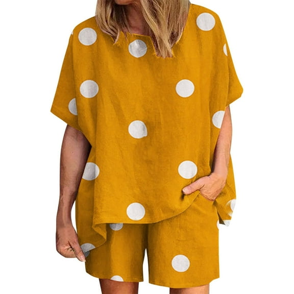 SELONE Lounge Sets for Women 2 Piece Outfits Pants Sets Casual Summer Round Neck Printed Short Sleeve Tops And Shorts Two Pieces Set Suit 19-Yellow XXL