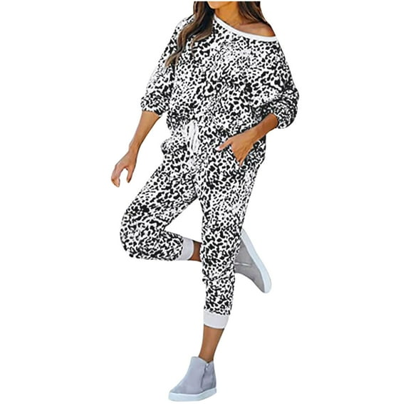 SELONE Lounge Sets for Women Two Piece Outfits Dressy Leopard Print Tie-Dye 2 Piece Pajamas Casual V-Neck Long Sleeve Drawstring Pants Pajamas Set Lounge 25-White M