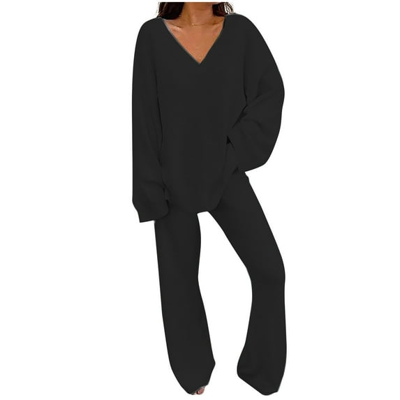 SELONE Lounge Sets for Women Two Piece Outfits Two Piece Outfits Long Sleeve Solid Color Tops With High Waist Pants Baggy Warm Pajama Sets 1-Black XXL