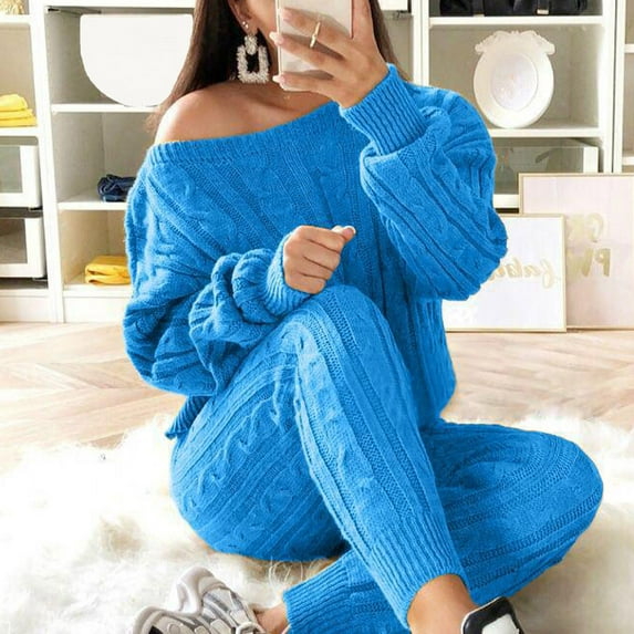 SELONE Lounge Sets for Women 2 Piece Outfits Dressy Plus Size Ladies Solid Round Neck Cable Knitted Warm 2PC Loungewear Suit Sets 8-Dark Blue M