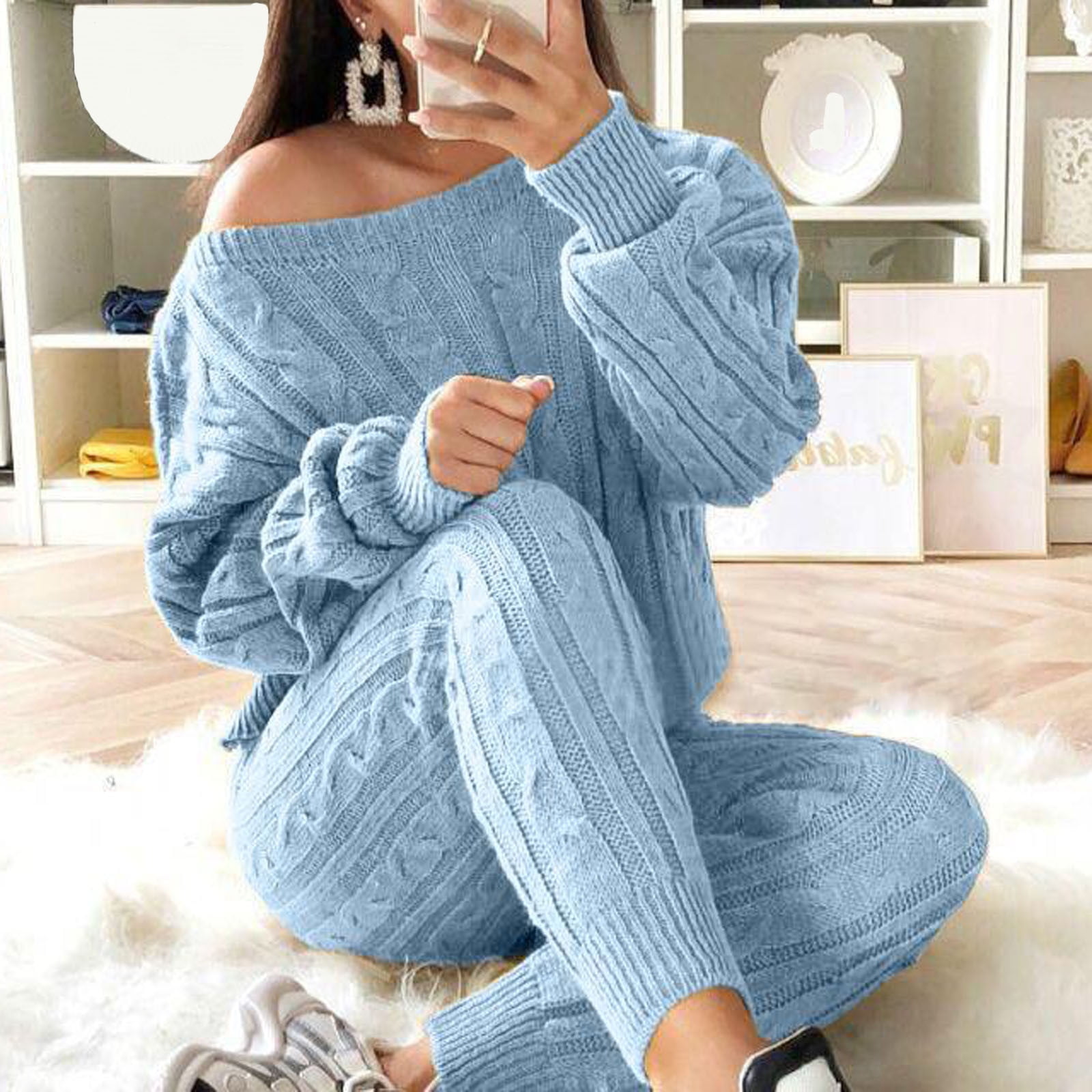 SELONE Lounge Sets for Women 2 Piece Outfits Dressy Plus Size Ladies Solid  Round Neck Cable Knitted Warm 2PC Loungewear Suit Sets 8-Sky Blue M 