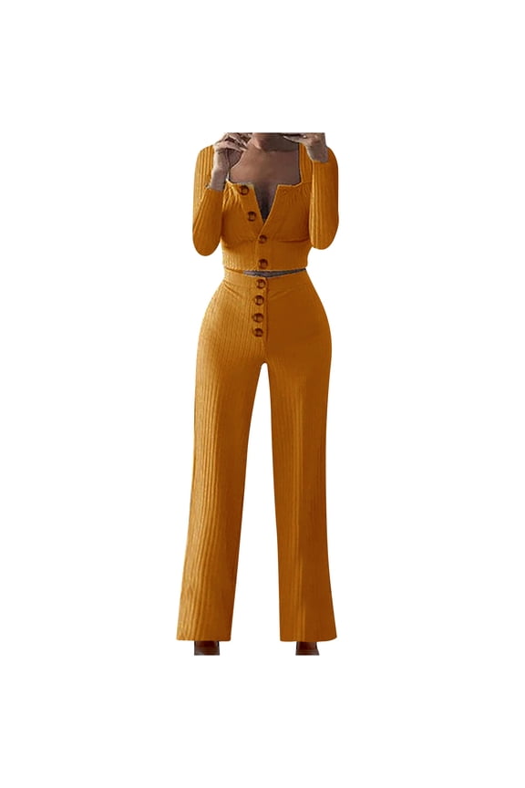 Lounge Sets for Women 2 Piece Outfits Pants Sets Dressy Solid Color Long Sleeve Cardigan Slim Buttoned Casual Pants Suit 36-Yellow XXL