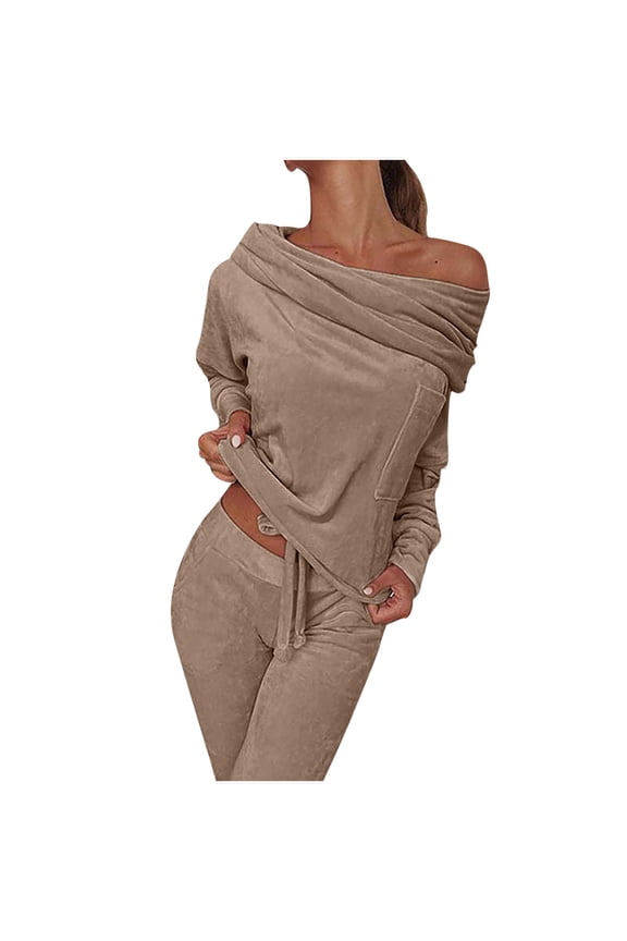 Lounge Sets for Women Two Piece Outfits Dressy Summer Long Sleeve Cold Shoulder Solid Top Long Pants 2 Piece Casual Set 28-Khaki XXXL