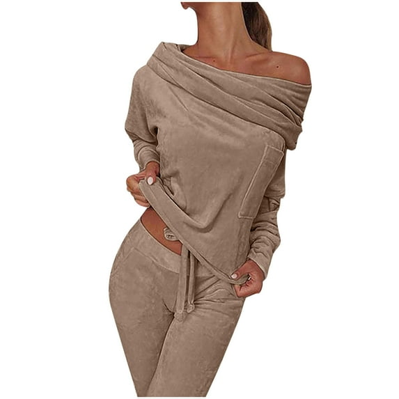 SELONE Lounge Sets for Women Two Piece Outfits Dressy Summer Long Sleeve Cold Shoulder Solid Top Long Pants 2 Piece Casual Set 28-Khaki XXXXXL