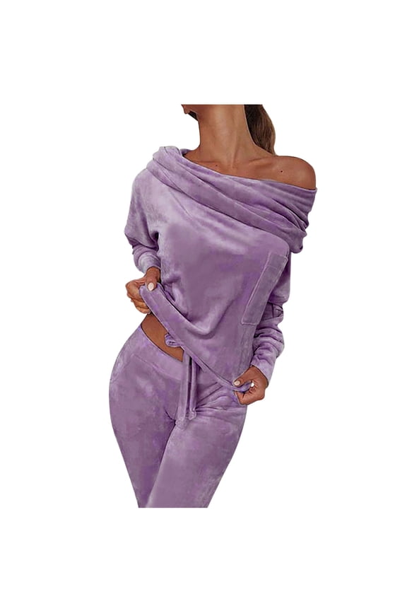 Lounge Sets for Women Two Piece Outfits Dressy Summer Long Sleeve Cold Shoulder Solid Top Long Pants 2 Piece Casual Set 28-Purple L