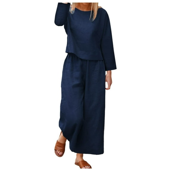 SELONE Lounge Sets for Women Two Piece Outfits Going out Plus Size 2PC Fashion Round Neck Solid Long Sleeve Blouse +Loose Pants Sets 31-Blue XXXL