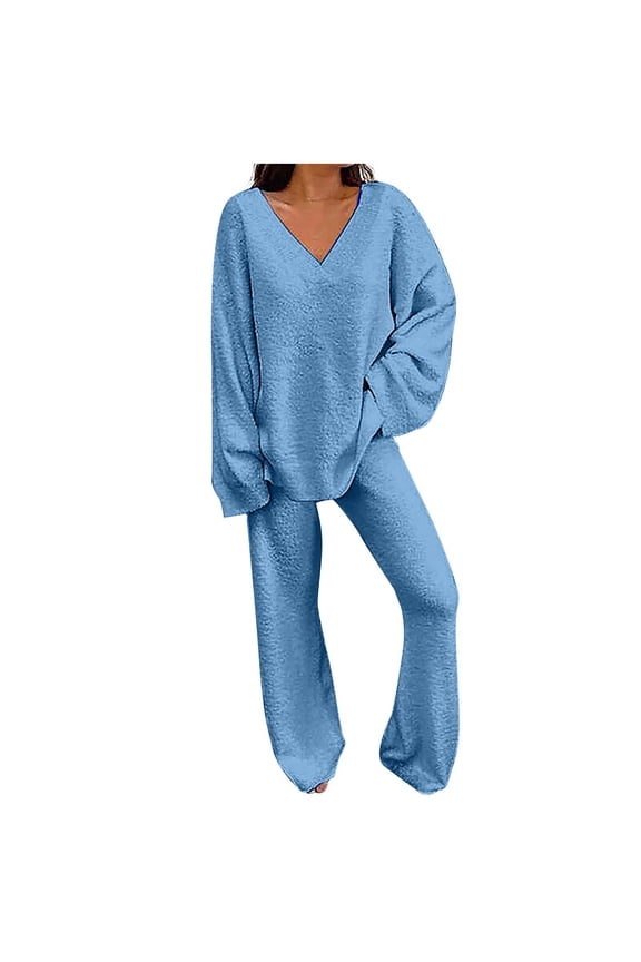 Lounge Sets for Women Two Piece Outfits Two Piece Outfits Long Sleeve Solid Color Tops With High Waist Pants Baggy Warm Pajama Sets 1-Blue S