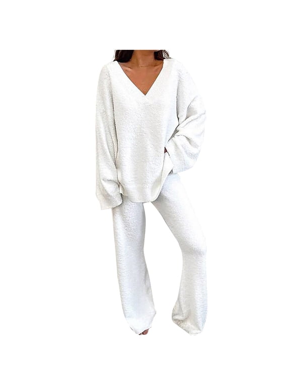 Lounge Sets for Women Two Piece Outfits Two Piece Outfits Long Sleeve Solid Color Tops With High Waist Pants Baggy Warm Pajama Sets 1-White M