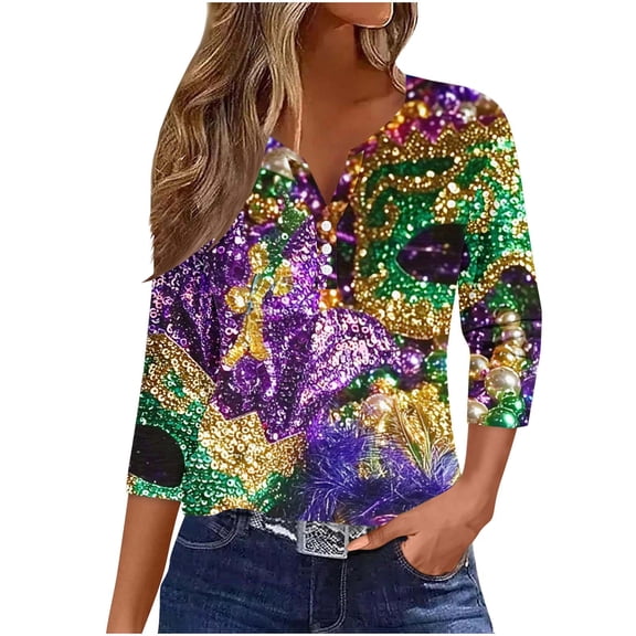 SELONE Mardi Gras Clothes for Women 3/4 Sleeve Musk Sequins Carnival Pullover Buttons Festive Wear V Neck Outfit
