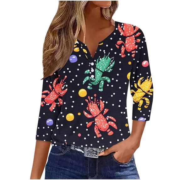 SELONE Mardi Gras Shirts for Women Pattern Tuesday Tee Pullover Buttons 3/4 Sleeve Carnival Wear V Neck Party Outfit