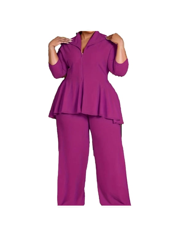 Matching Sets Women Clothing Plus Size Two Piece Sets Ruffle Hem Long Sleeve Tops Wide Leg Pants Fall Outfits 2XL