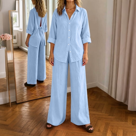 SELONE Matching Sets Women Loungewear Plus Size Button down Outfits Collared Long Sleeve Shirts Wide Leg Long Pants