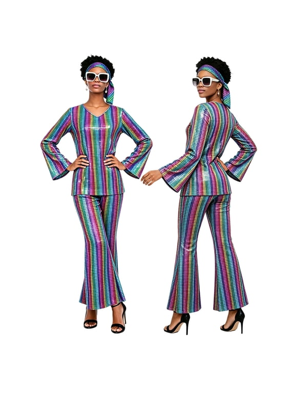 Matching Sets Women Outfits Plus Size Two Piece Sequin Long Sleeve Blouse Flared Cropped Pant Party Clothing Set