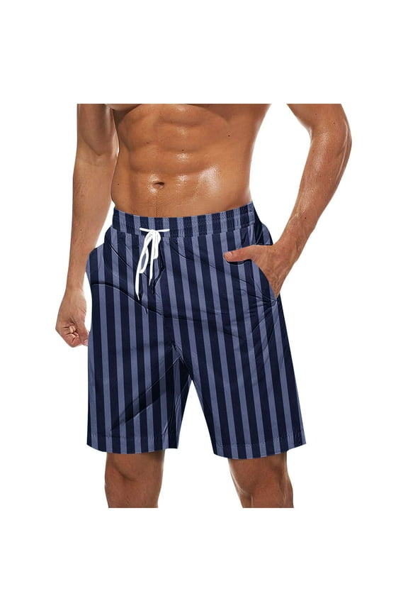 Men Swim Trunks Without Liner Beach Shorts Drawstring Stripe Bathing Suit Pockets Vacation Swimwear Blue M