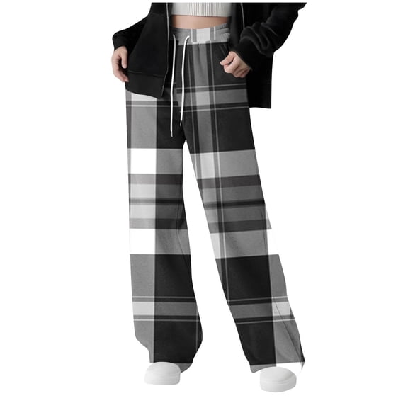 SELONE Teen Girl Sweatpants Big Kids Plaid Thermal Drawstring Wide Leg Trousers Elastic Waist Pants Winter Outwear