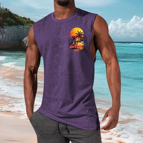 SELONE Men's Tank Tops Sleeveless Shirts Crew Neck Summer Clothes Loose Tropical Stretch Vacation Outfits Purple L