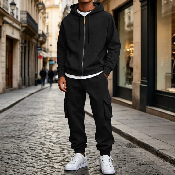 SELONE Mens 2 Piece Sets Joggers Big and Tall Full Zipper Hoodies Solid Cargo Pant with Pockets Fall Fashion Tracksuit