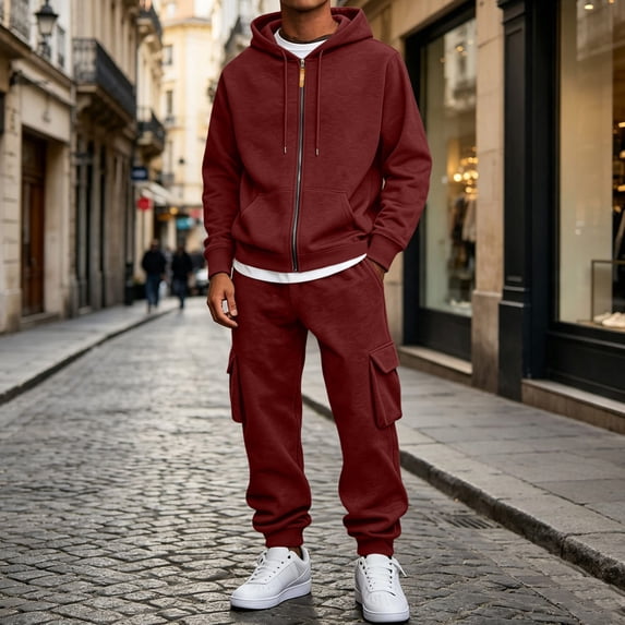 SELONE Mens 2 Piece Sets Joggers Big and Tall Full Zipper Hoodies Solid Cargo Pant with Pockets Fall Fashion Tracksuit