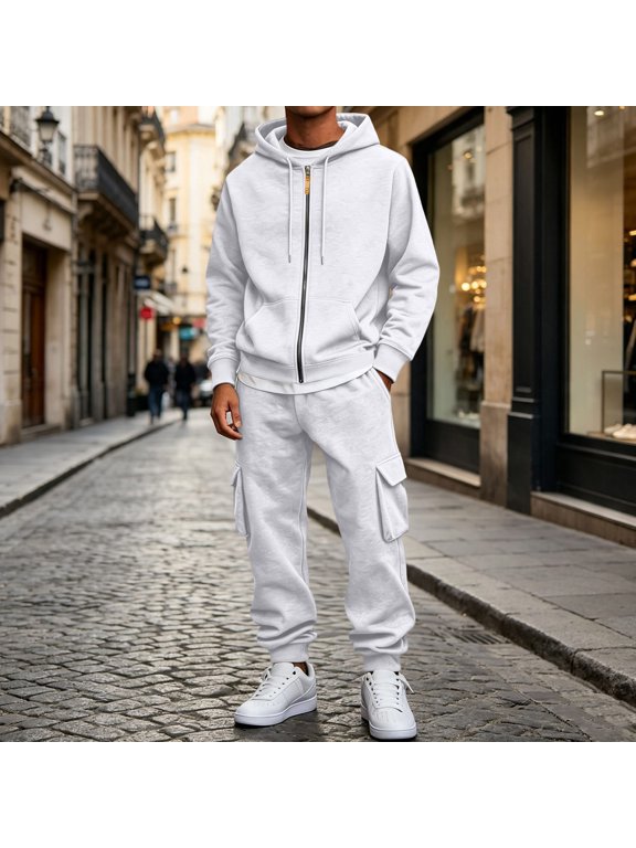 Mens 2 Piece Sets Joggers Big and Tall Full Zipper Hoodies Solid Cargo Pant with Pockets Fall Fashion Tracksuit