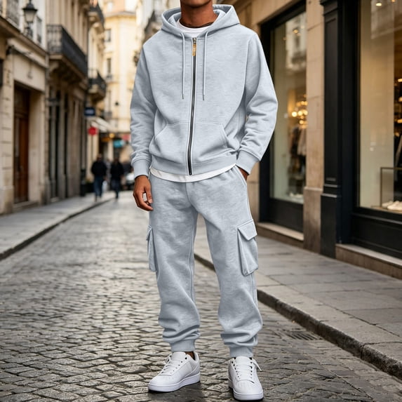 SELONE Mens 2 Piece Sets Joggers Big and Tall Full Zipper Hoodies Solid Cargo Pant with Pockets Fall Fashion Tracksuit
