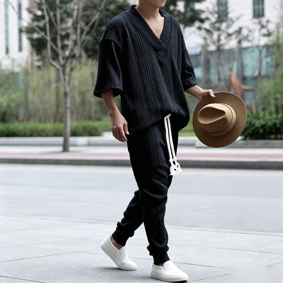 SELONE Mens Fall Outfits V Neck Long Sleeve Pullover Top Solid Trouser with Pockets 2 Piece Fall Winter Clothes