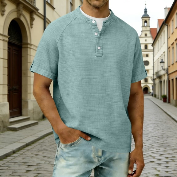 SELONE Mens Linen Shirt Short Sleeve Shirts Collared Textured Casual T-Shirts Buttons Summer Classic Work Tops Green