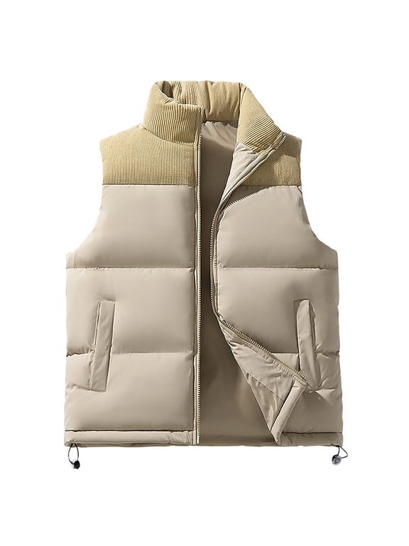 Mens Puffer Vests for Outdoors Cotton Zipper Hoodless Jacket with Pockets Mock Neck Tops Solid Warm Outerwear