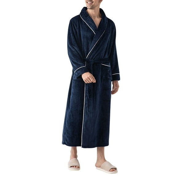 SELONE Mens Robe Flannel Solid Color Casual Home Tie Plus Size Long Sleeve Nightgown Sleepwear With V Neck Cozy