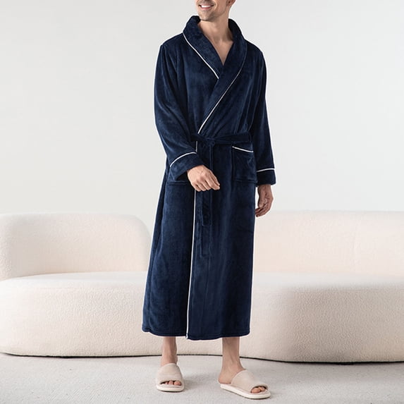 SELONE Mens Robe Flannel Solid Color Casual Home Tie Plus Size Long Sleeve Nightgown Sleepwear with V Neck Cozy