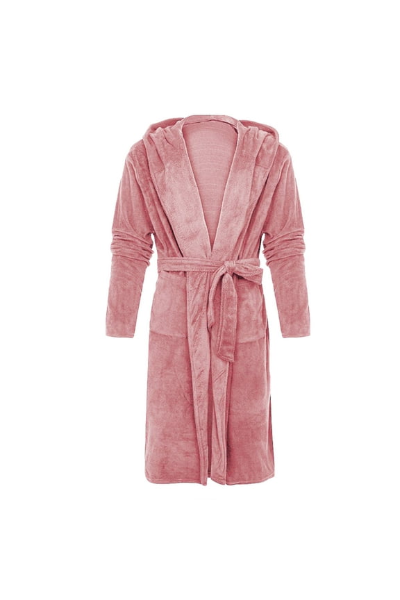 Mens Robe Fleece Solid Casual Hooded Waist Tie Pocket Long Sleeve Bathrobe Home Wear Warm Winter Cozy