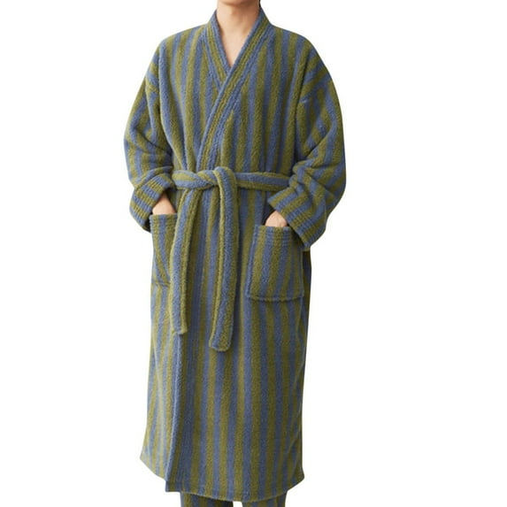 SELONE Mens Robe Fleece Striped Print Waist Tie Pocket Long Sleeve Bathrobe Home Wear Casual Relaxation Wear