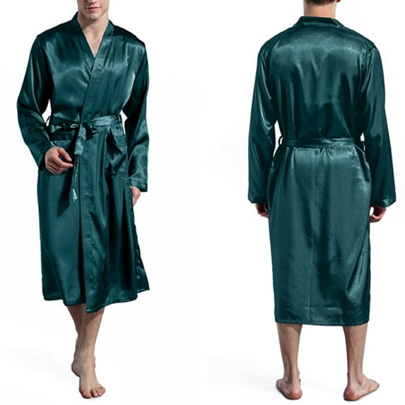 SELONE Mens Robe Lightweight Satin Solid Color Plus Size Long Sleeve Home Wear Bathrobe With V Neck