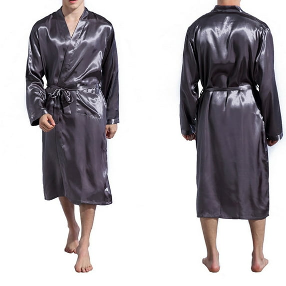 SELONE Mens Robe Lightweight Satin Solid Color Plus Size Long Sleeve Home Wear Bathrobe With V Neck
