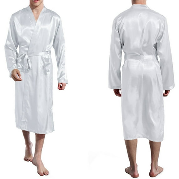 SELONE Mens Robe Lightweight Satin Solid Color Plus Size Long Sleeve Home Wear Bathrobe With V Neck
