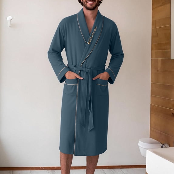SELONE Mens Robes Lightweight Plus Size Cotton Bath Robe Tie Side Long Sleeve Bathrobe with Pocket Fall Comfy Nightwear