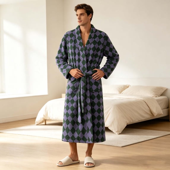 SELONE Mens Robes Plush Comfy Flannel Bathrobe Lace up Side Argyle Long Sleeve Towel Robe with Pockets Home Sleepwear