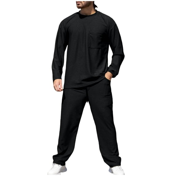 SELONE Mens Sets 2 Piece Outfits Crew Neck Long Sleeve Tops and Straight Leg Pants Sets Fall Matching Sets with Pockets