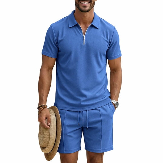 SELONE Mens Summer Outfits 2 Piece Half Zip Sweatsuits Collared Short Sleeve Tops and Short Sports Casual Clothing
