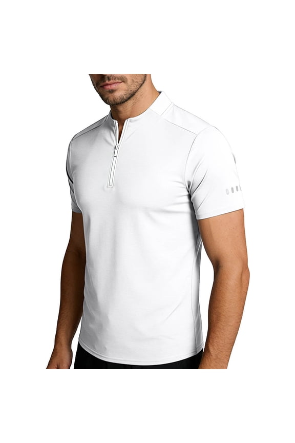 Mens T Shirt Short Sleeve Shirts Mock Neck Tee Tops Zipper Tight Stretchy Soild Basic Clothes White XL