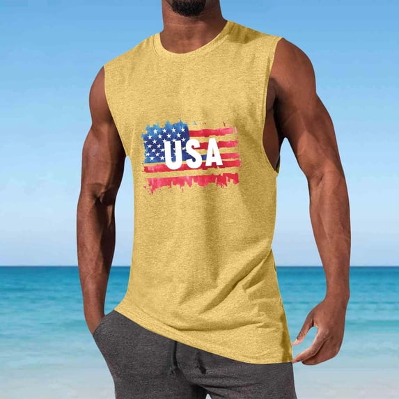 SELONE Mens Tank Top Undershirt 4th of July Patriotic Graphic Outfits Summer Sleeveless Star Strip Clothes Yellow M
