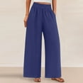 thumbnail image 1 of SELONE Navy Women Workout Pants Wide Leg Plus Size Lounge Pants with Pockets Cotton Linen Wide Leg Elastic Waist Full Length Trouser Loose Long Beach Pants Solid S Tall Breathable Summer Clothes, 1 of 8