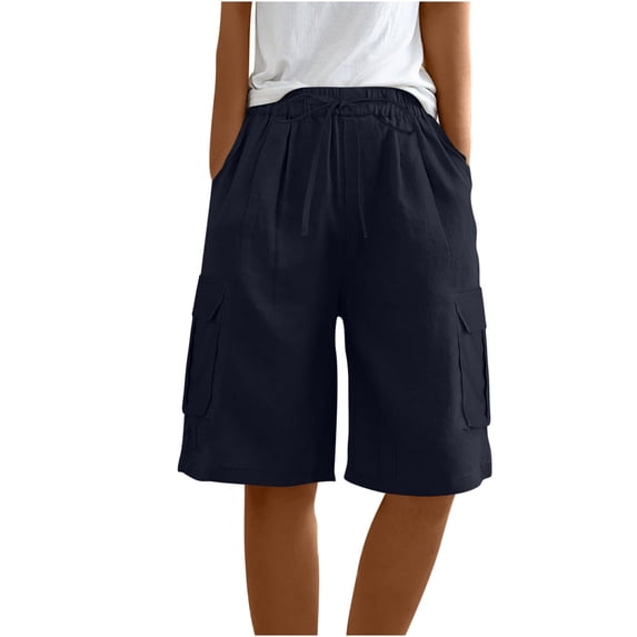 SELONE Navy Yoga Shorts for Women with Pockets Mid Waist Plus Size Lounge Pants Cotton Linen Bermuda Trousers Loose Casual Trendy Pants Drawstring Solid Lightweight Comfy XL Breathable Summer Clothes