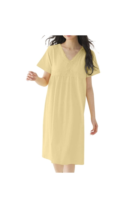 Nightgowns for Women Cotton Built in Bra Mid Maternity Bathrobes V Neck Short Sleeve Pajamas Dress Sleepwear