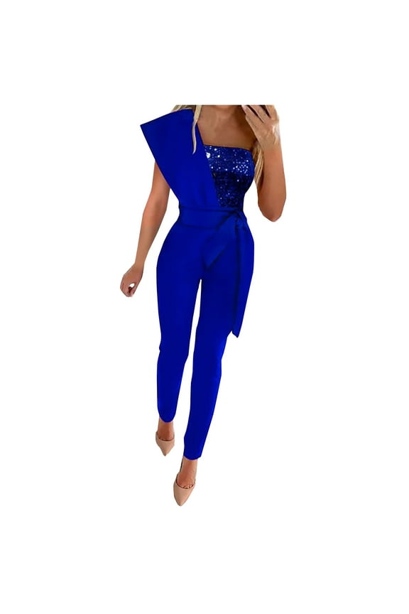One Piece Jumpsuits for Women Glitter Summer Sequin Loose Fit Long Pant Sparkly Sleeveless Ladies Travel Comfortable Vacation Plus Size Jumpsuits for Women Dressy Solid Belt Zipper Blue XL