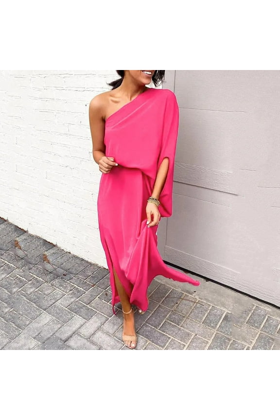 One Shoulder Dresses for Women Formal Midi Summer Boho Dresses for Women Summer One Shoulder Solid Loose Half Slitted Hem Sleeve for Everyday Wear Beach Vacation Day to Night Hot Pink M