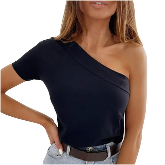 SELONE One Shoulder Tops for Women Dressy Cold Shoulder Tops Blouses Regular Fit T Shirts Pullover Tees Tops Solid T-Shirts Tops Casual Blouses Easy Care Soft Breathable Pullover Tops Black XXL