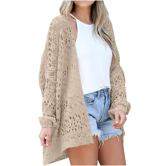 SELONE Open Front Cardigan Sweaters for Women Long Sleeve Regular Cardigans Without Hoodie Solid Lightweight Beach Vacation Wear Khaki XL