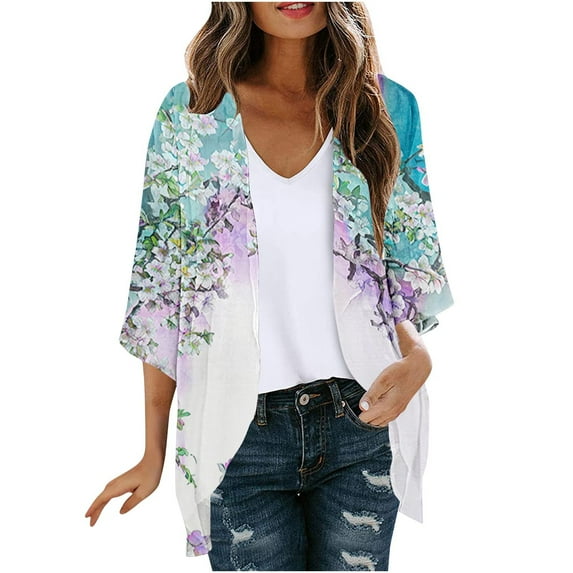 SELONE Open Front Cardigan for Women 3/4 Sleeve Plus Size Regular Cardigans Without Hoodie Flowers Lightweight Beach Vacation Wear Blue 2XL