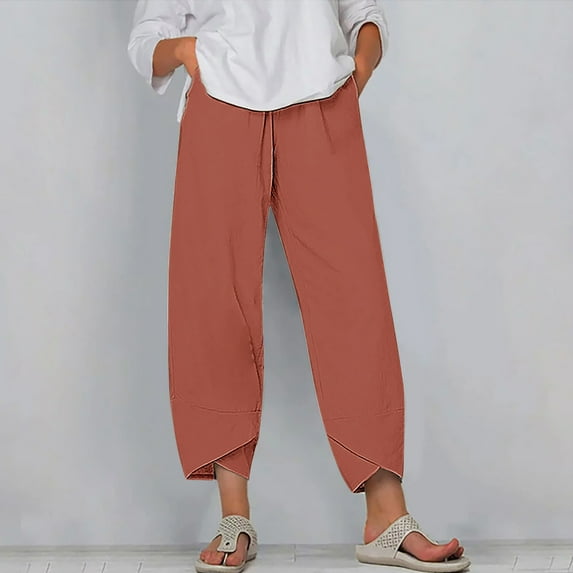 SELONE Orange Long Pants for Women Plus Size Mid Waist Lounge Pants Cropped Trouser Pants Loose Casual Beach Pants Pull on Solid Straight Leg Lightweight Comfortable 3XL Breathable Summer Clothes