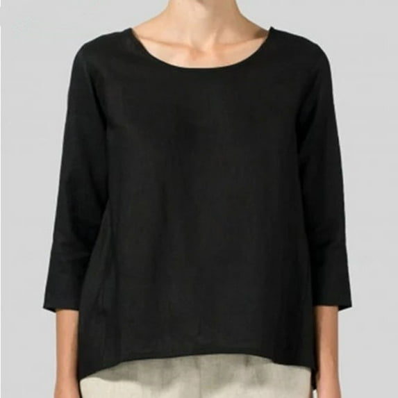 SELONE Oversized Linen Shirts for Women Short Sleeve Tops Blouses Regular Fit T Shirts Pullover Tees Tops Solid T-Shirts Crew Neck Tops Casual Blouses Easy Care Soft Breathable Pullover Tops Black L